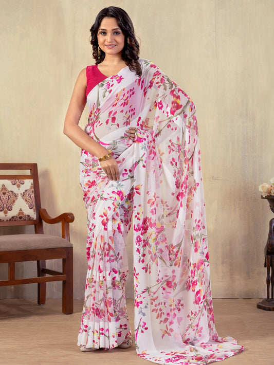 White Petals Printed Georgette Bollywood Saree