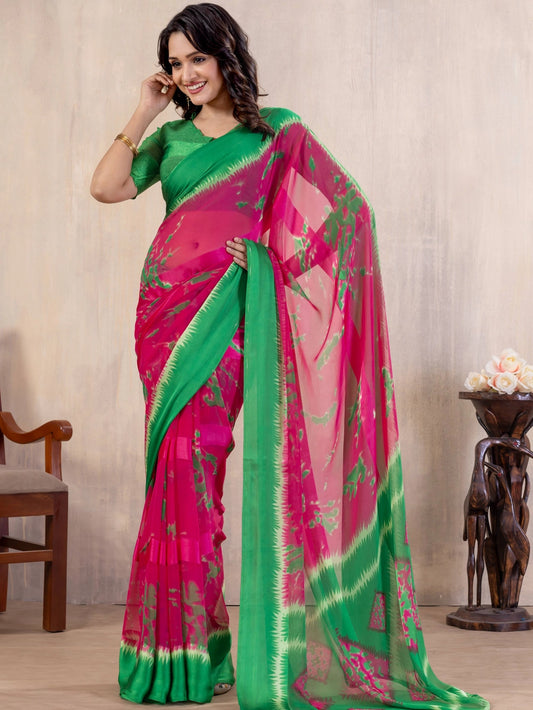 Pink And Green Printed Bollywood Georgette Saree