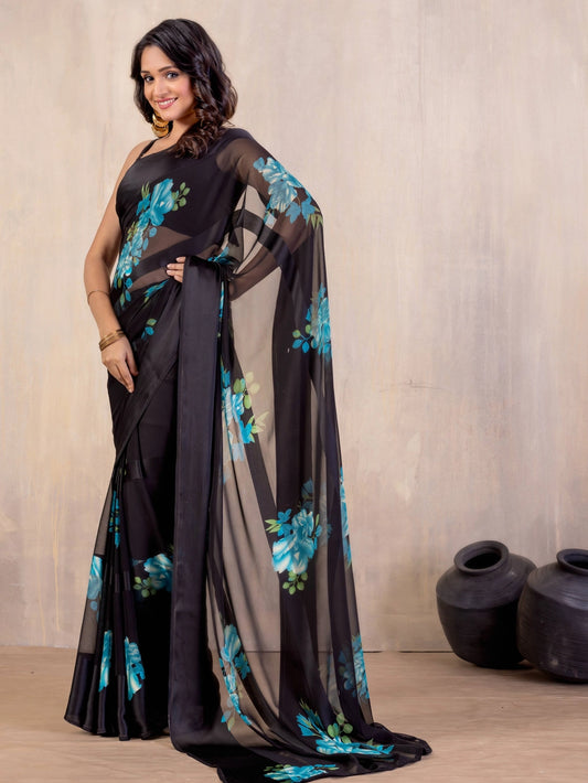 Blue Floral Printed Black Georgatte Saree