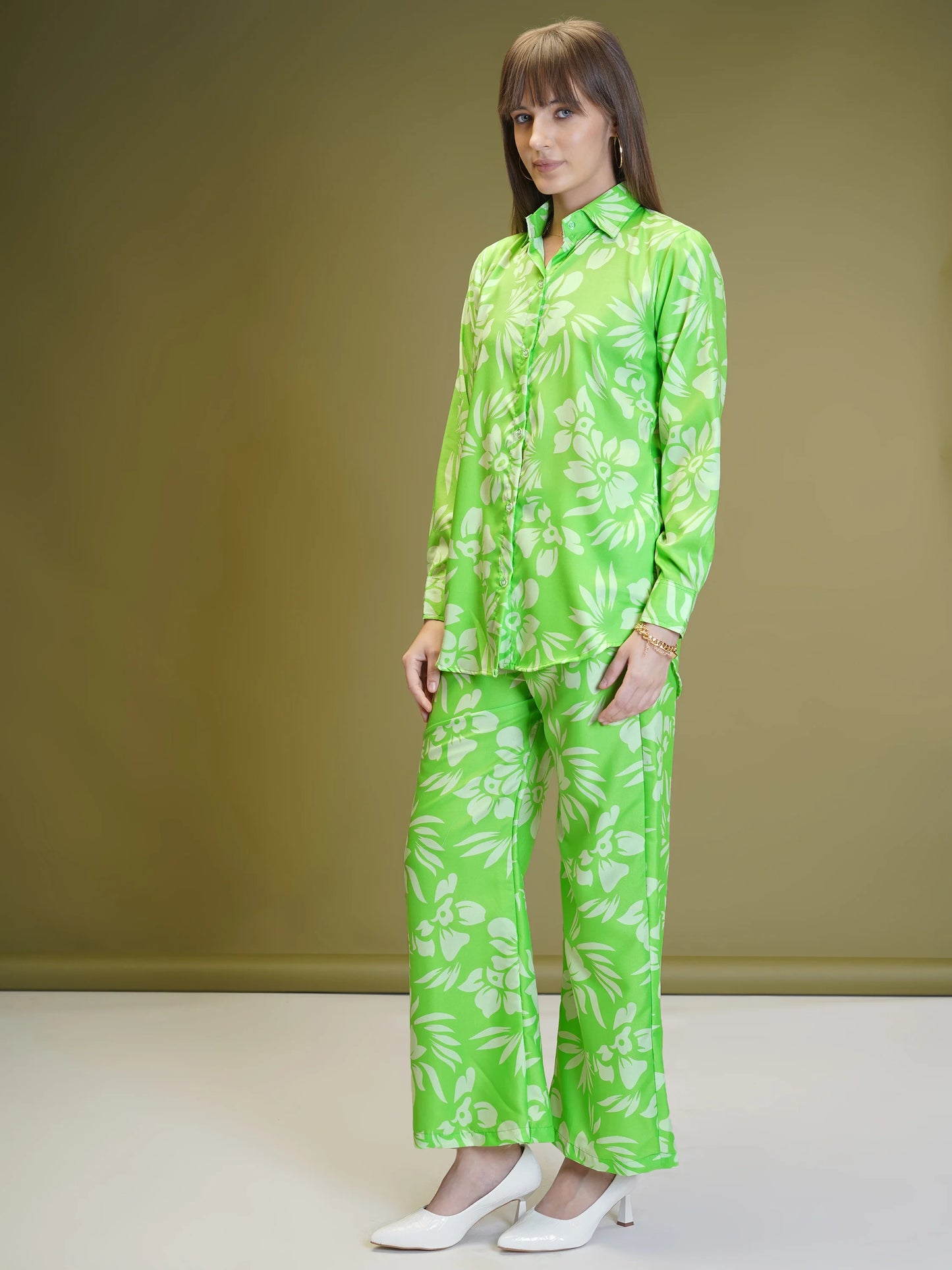 Neon Green Floral Co-ord Set For Women - Rheycart