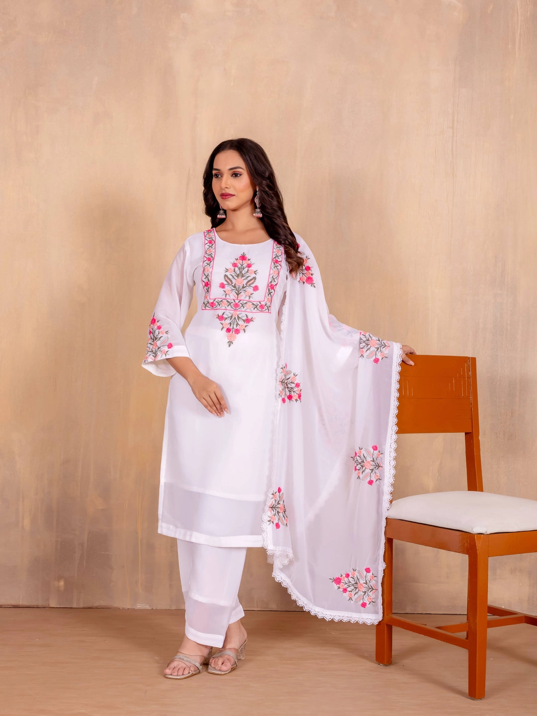 White Faux Georgette Embroidery work Kurti Set - Rheycart