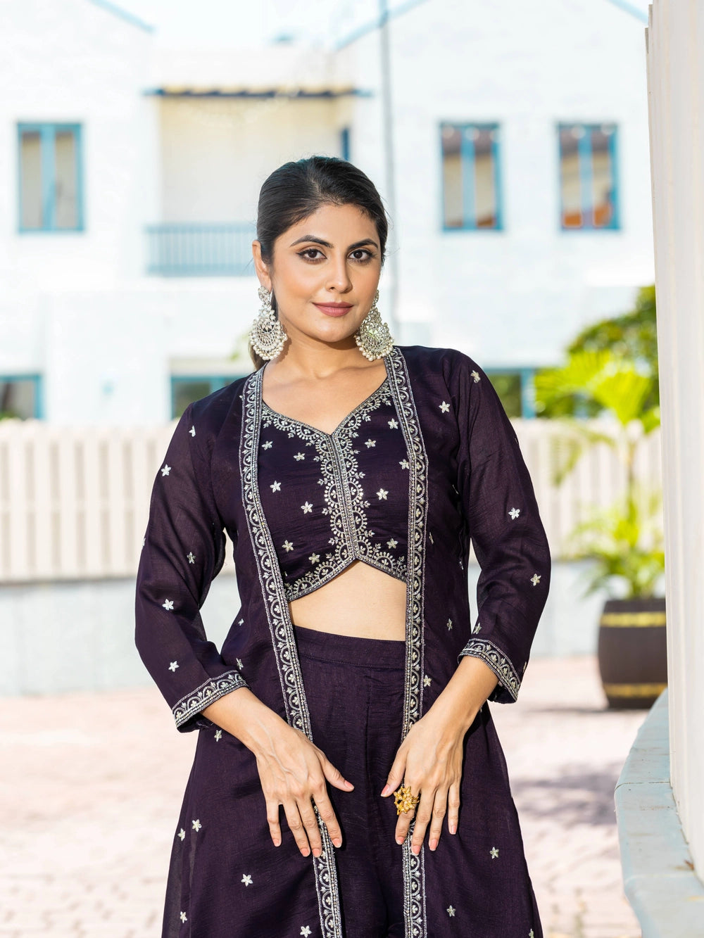 Violet Vichitra Silk Top Bottom With Shrug - Rheycart