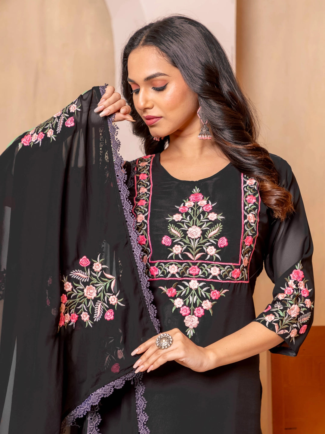 Faux Georgette Embroidery work Black Kurti Set - Rheycart