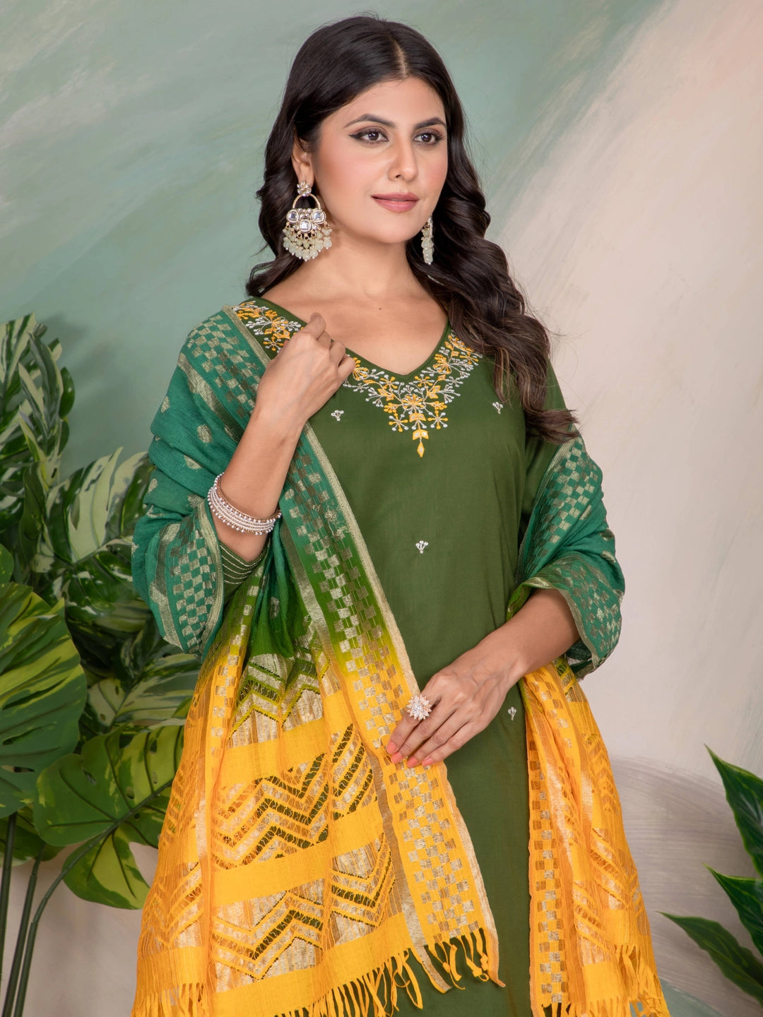 Mehendi Color Embroidery Work Straight Kurti Set - Rheycart