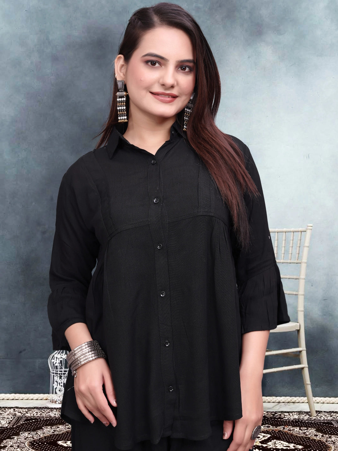 Black Crinkle Cotton Co-ord Set For Women - Rheycart
