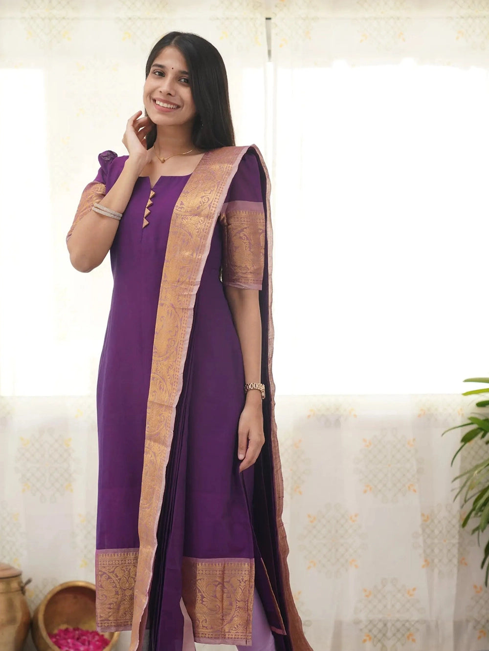 Kanchi Cotton Purple Kurti And Dupatta - Rheycart