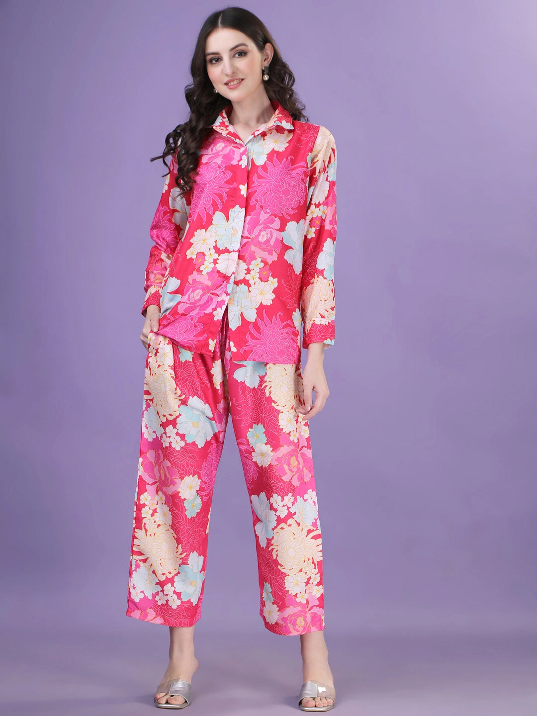 Pink Floral Pattern Cotton Rayon Co-ord Set - Rheycart