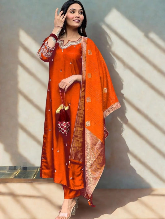 PV Chanderi Silk Orange Ethnic Kurti Set For Women - Rheycart
