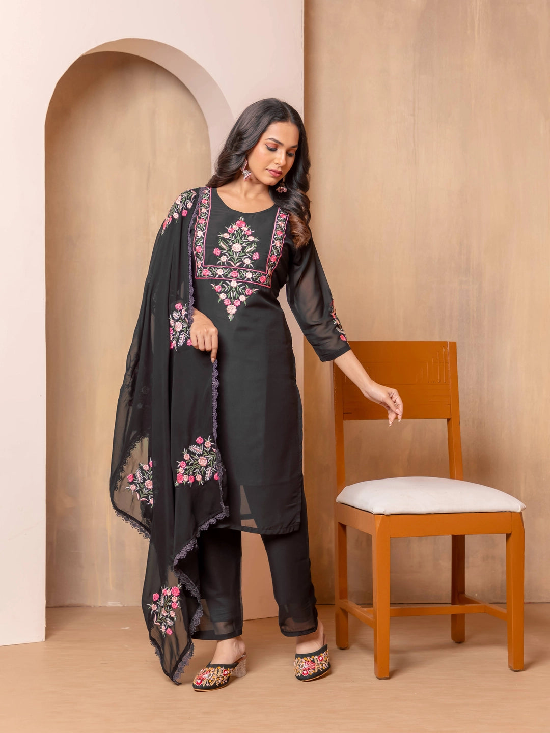 Faux Georgette Embroidery work Black Kurti Set - Rheycart
