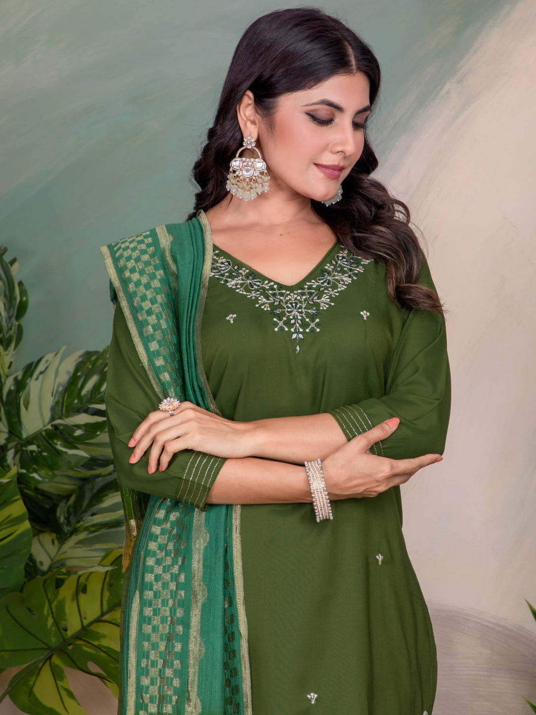 Mehendi Color Embroidery Work Straight Kurti Set - Rheycart