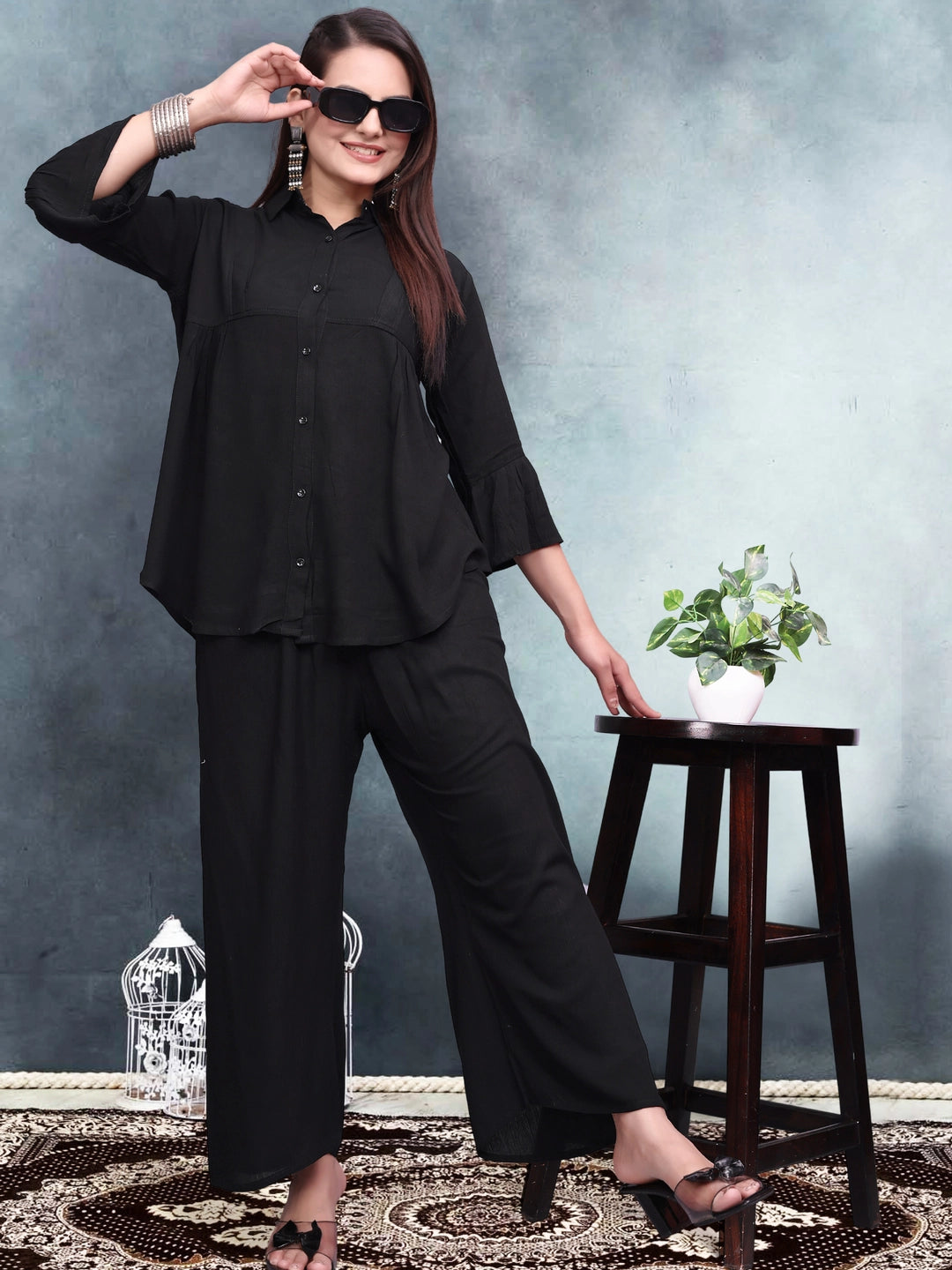 Black Crinkle Cotton Co-ord Set For Women - Rheycart
