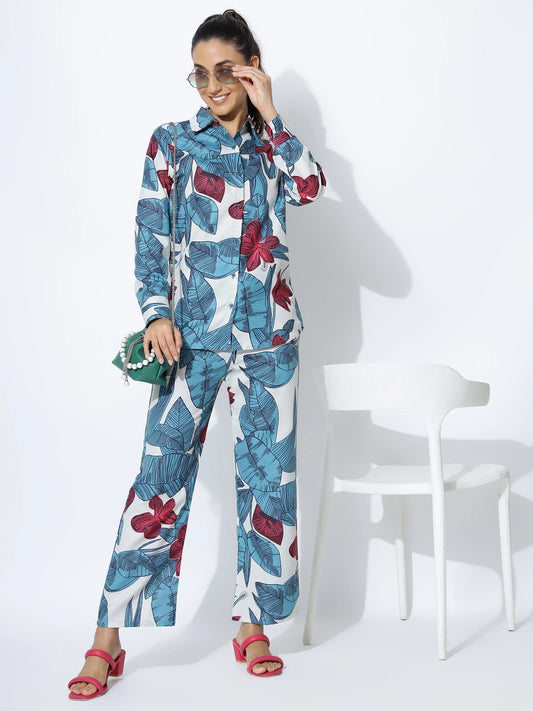 Blue Floral Printed Cotton Rayon Co-ord Set - Rheycart