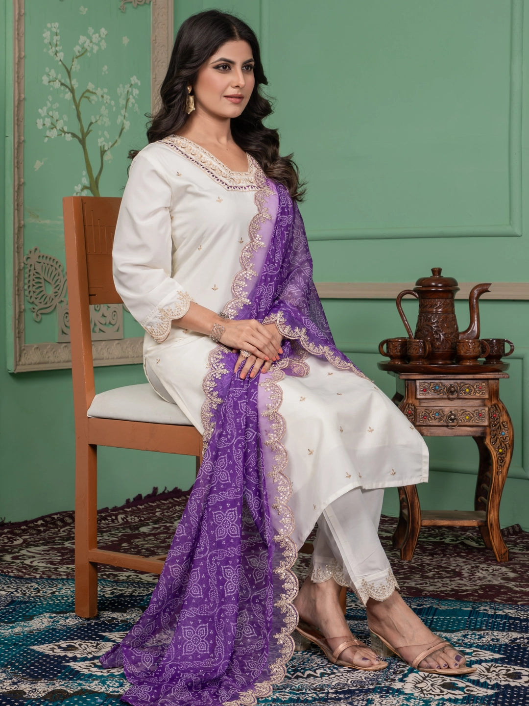 Roman Silk Embroidered V Neckline Kurta Set - Rheycart
