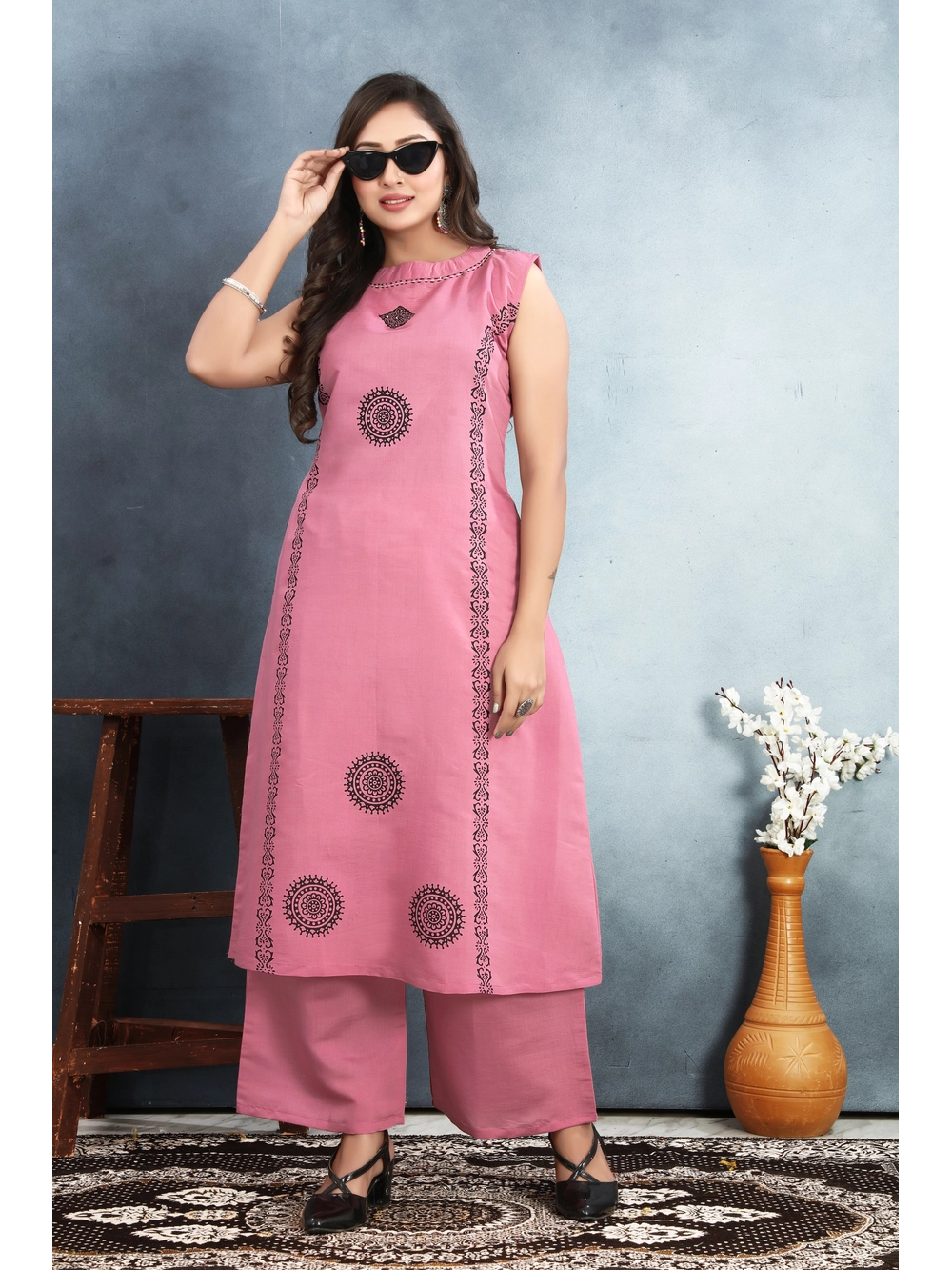 Roman Silk Pink Kurti Set For Women - Rheycart