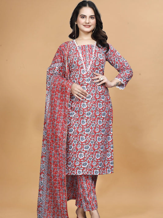 Rusy Red Cotton Floral Printed Kurti Set - Rheycart