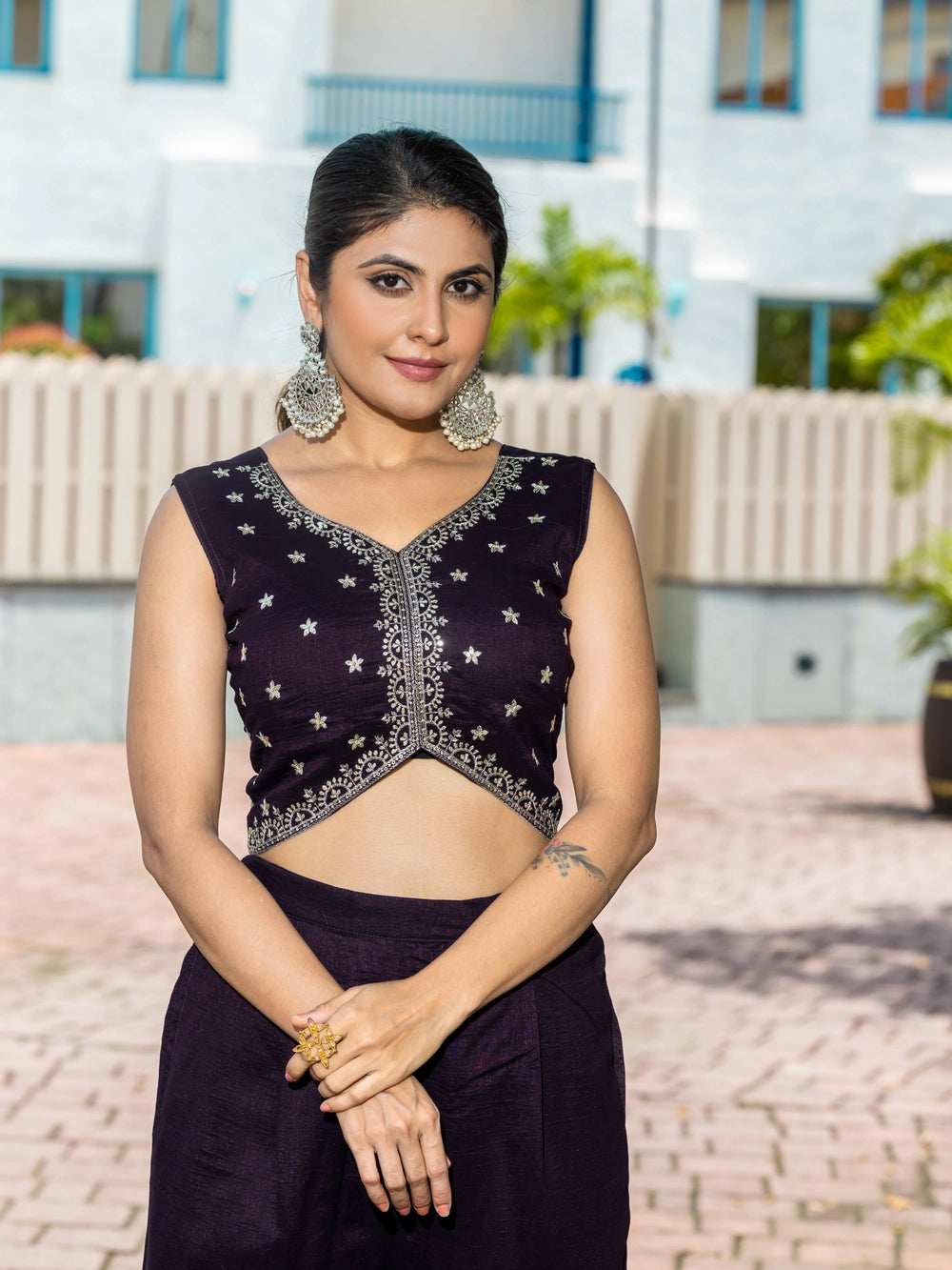 Violet Vichitra Silk Top Bottom With Shrug - Rheycart