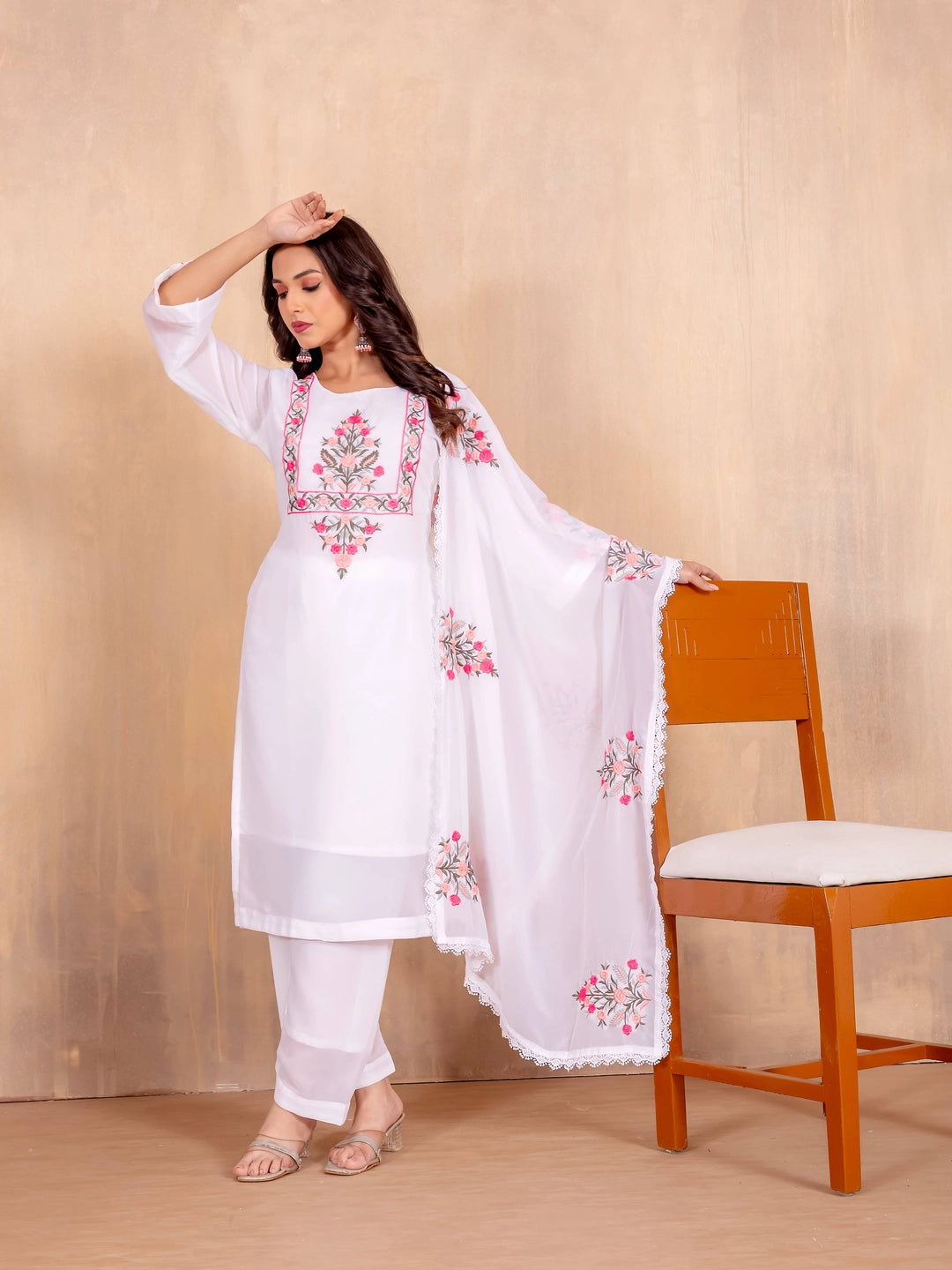 White Faux Georgette Embroidery work Kurti Set - Rheycart