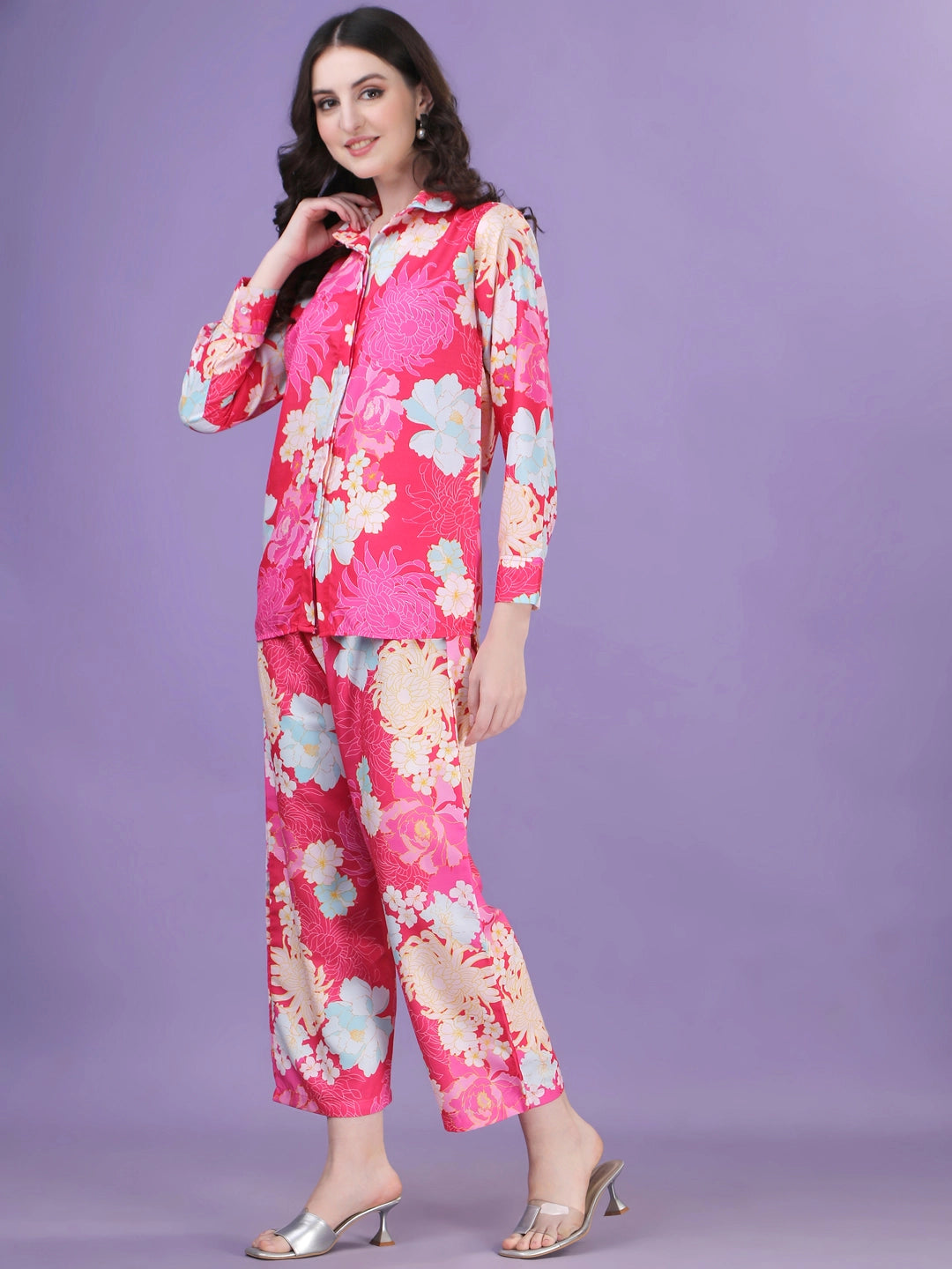 Pink Floral Pattern Cotton Rayon Co-ord Set - Rheycart