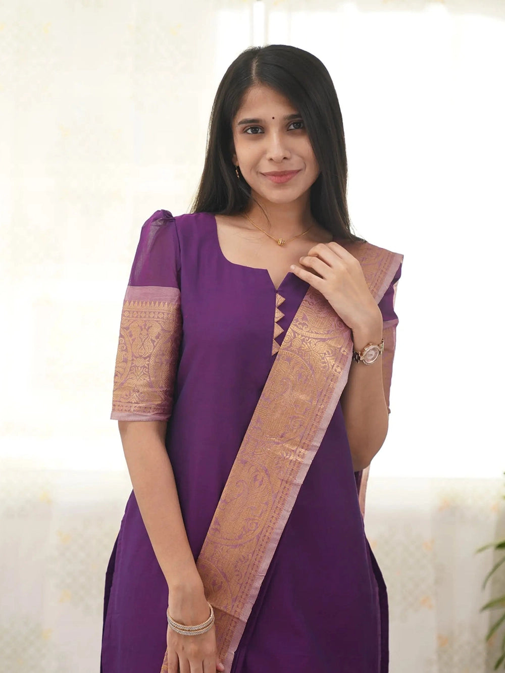 Kanchi Cotton Purple Kurti And Dupatta - Rheycart