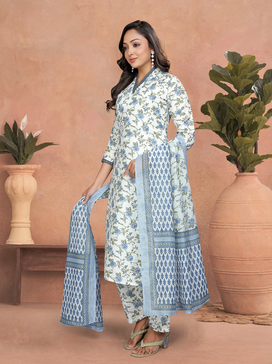 Blue Floral Design Cotton Blend Kurta Set - Rheycart