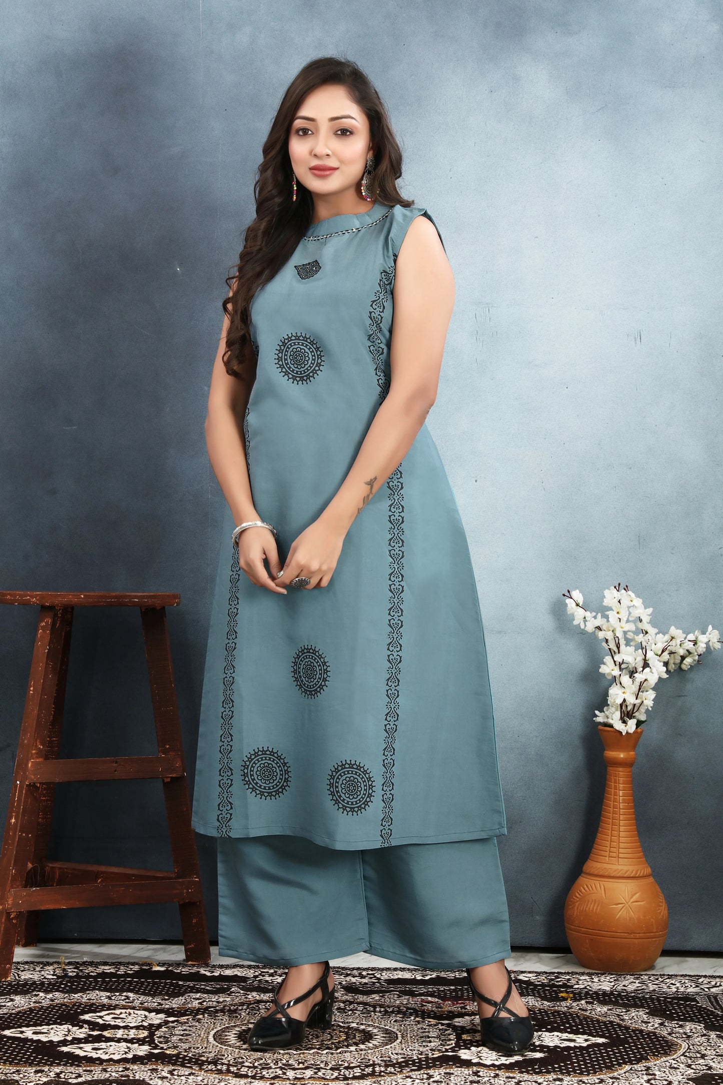 A-Line Roman Silk Blue Kurti Set - Rheycart