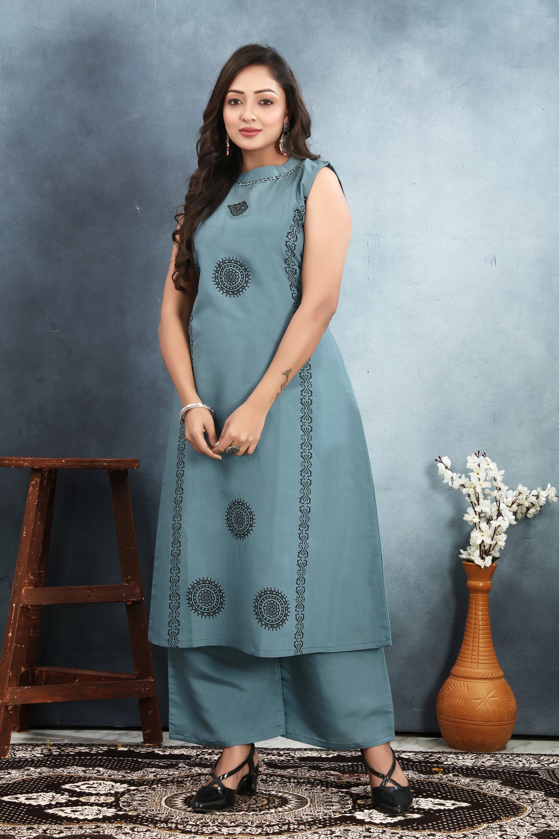 A-Line Roman Silk Blue Kurti Set - Rheycart