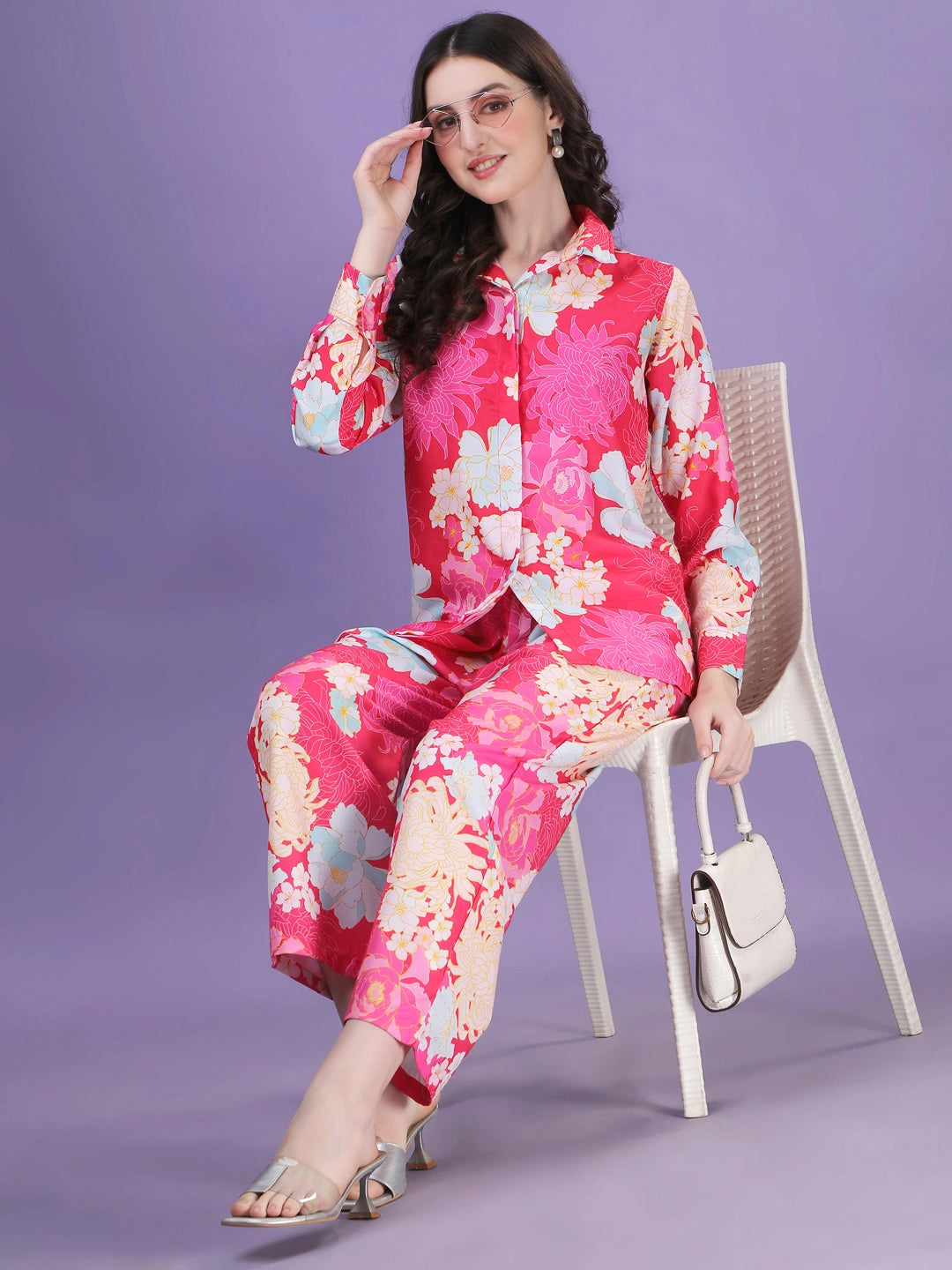 Pink Floral Pattern Cotton Rayon Co-ord Set - Rheycart