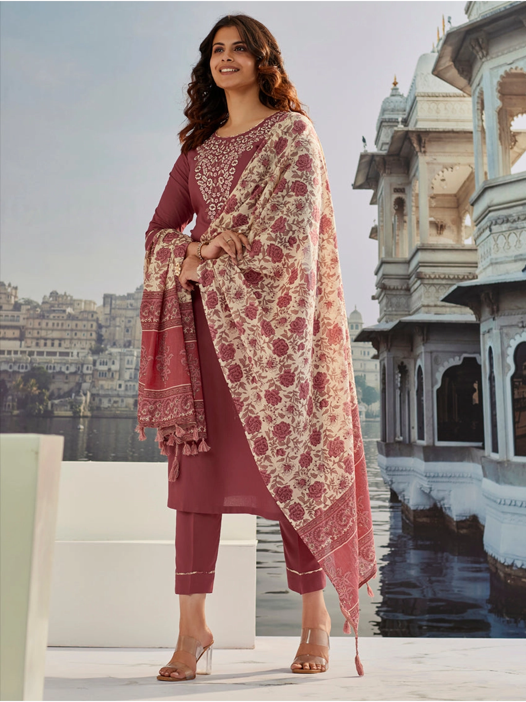 Embroidered Maroon Cotton Silk Kurta Set with Floral Dupatta - Rheycart