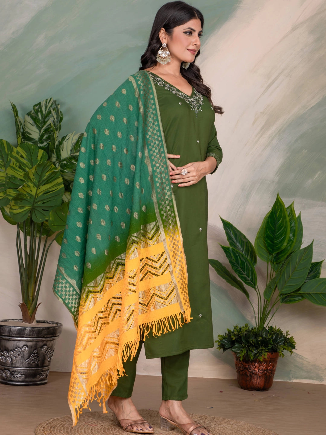 Mehendi Color Embroidery Work Straight Kurti Set - Rheycart