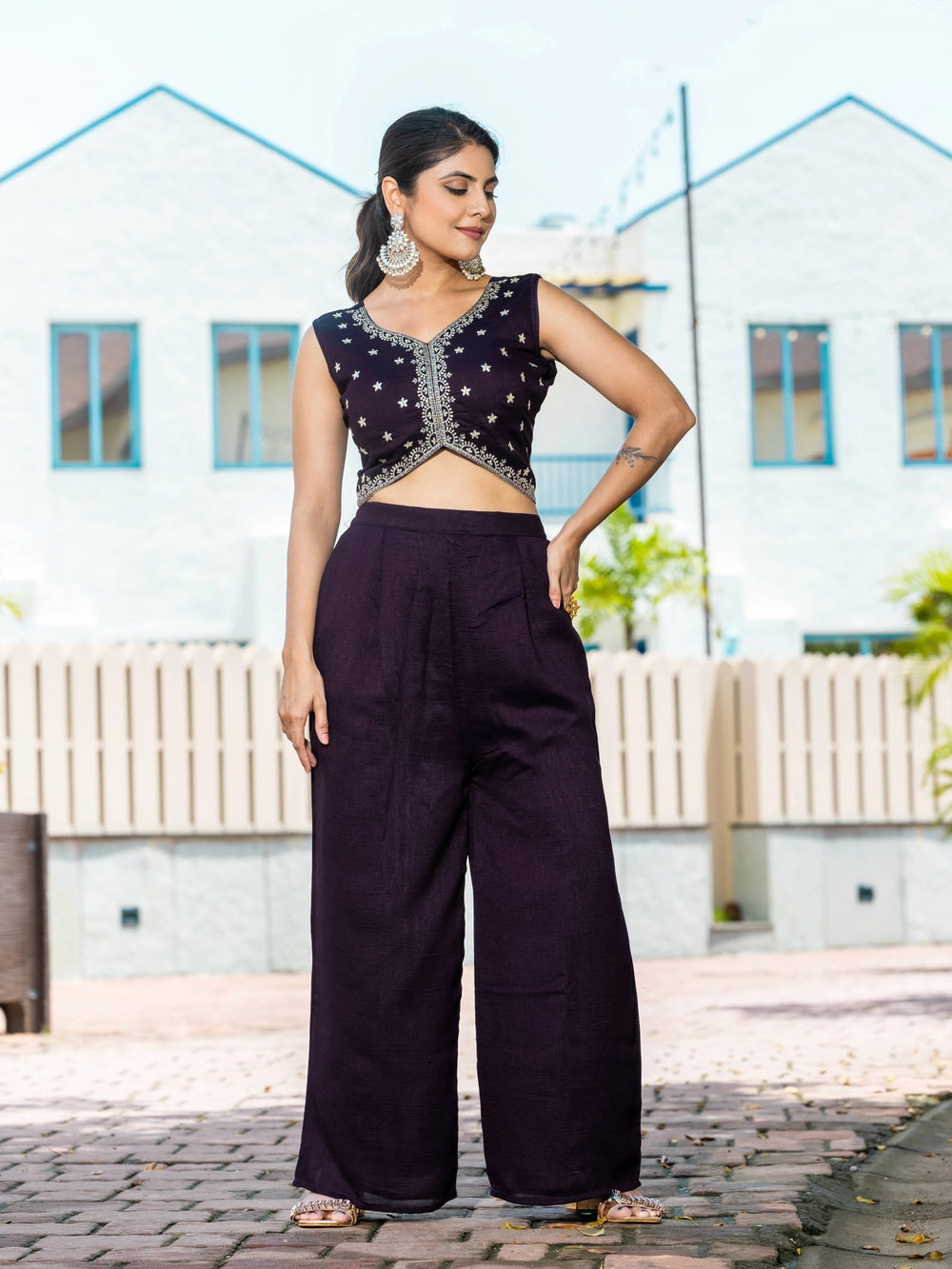 Violet Vichitra Silk Top Bottom With Shrug - Rheycart