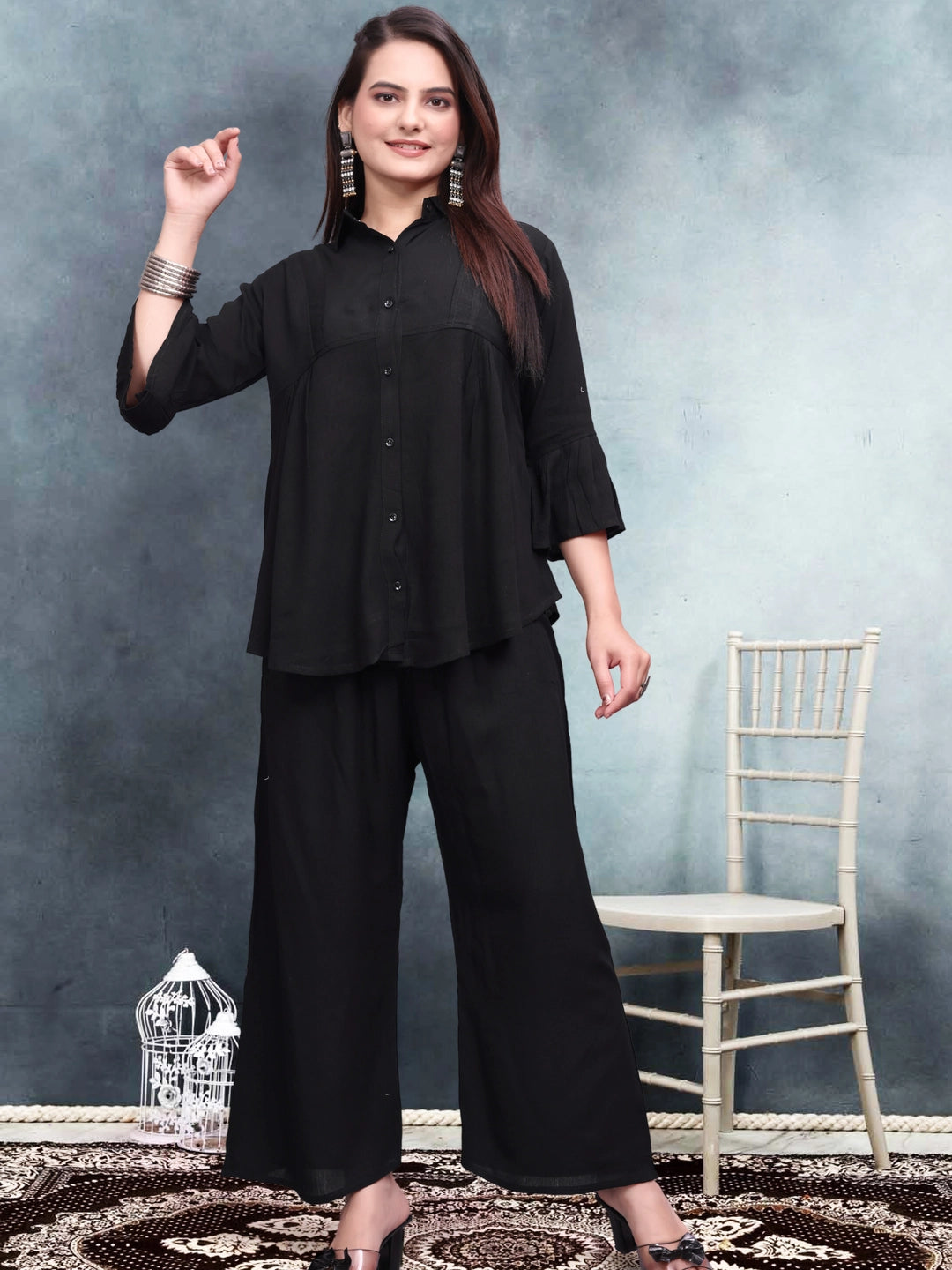 Black Crinkle Cotton Co-ord Set For Women - Rheycart