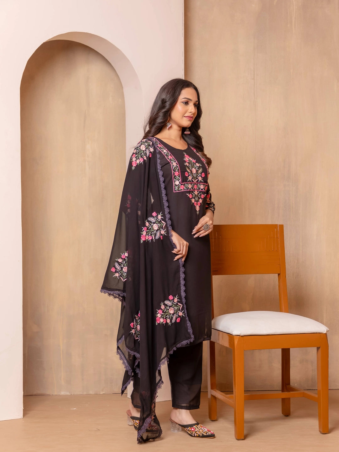 Faux Georgette Embroidery work Black Kurti Set - Rheycart