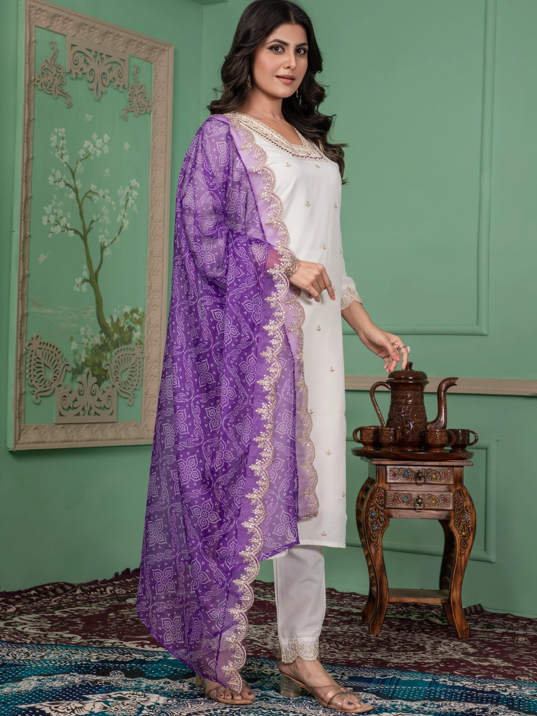 Roman Silk Embroidered V Neckline Kurta Set - Rheycart