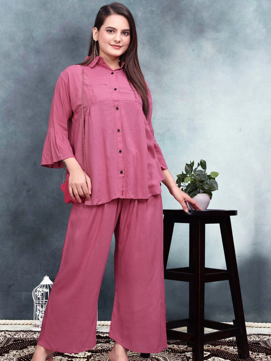 Pink Relaxed Fit Crinkle Cotton Co-ord Set - Rheycart