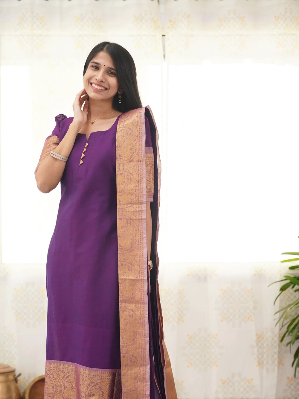 Kanchi Cotton Purple Kurti And Dupatta - Rheycart