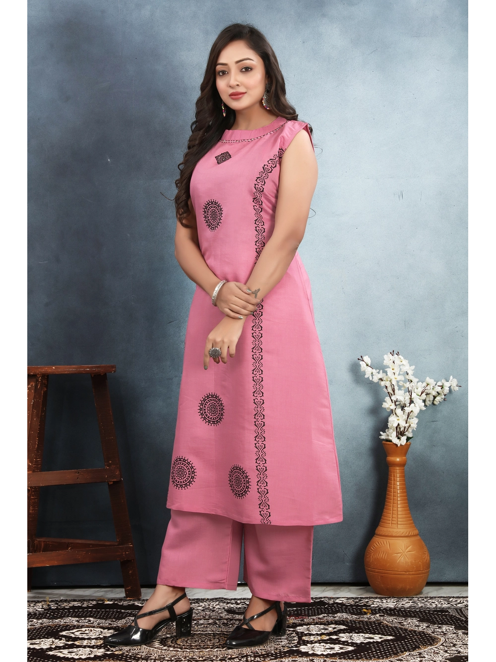 Roman Silk Pink Kurti Set For Women - Rheycart