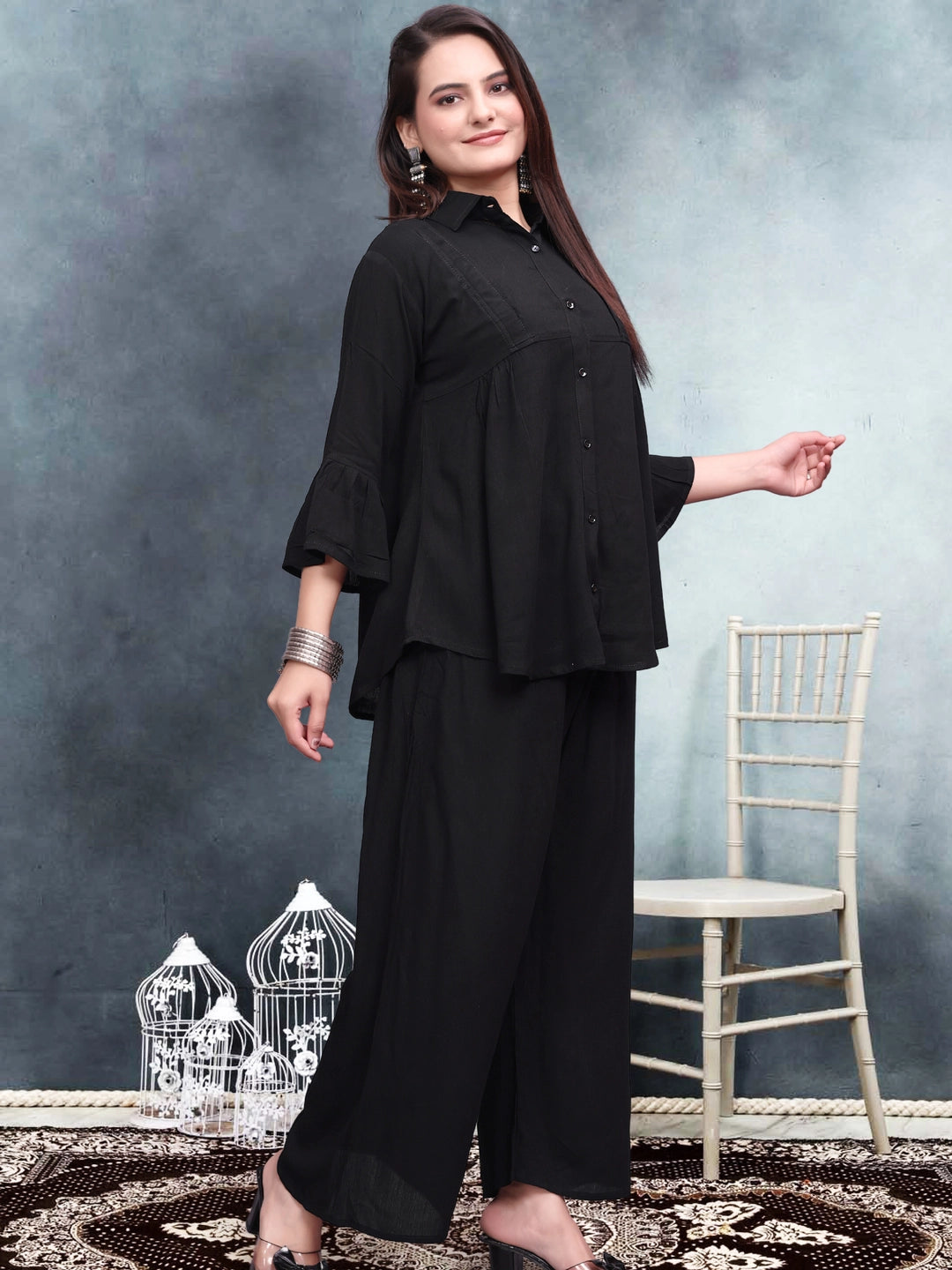 Black Crinkle Cotton Co-ord Set For Women - Rheycart