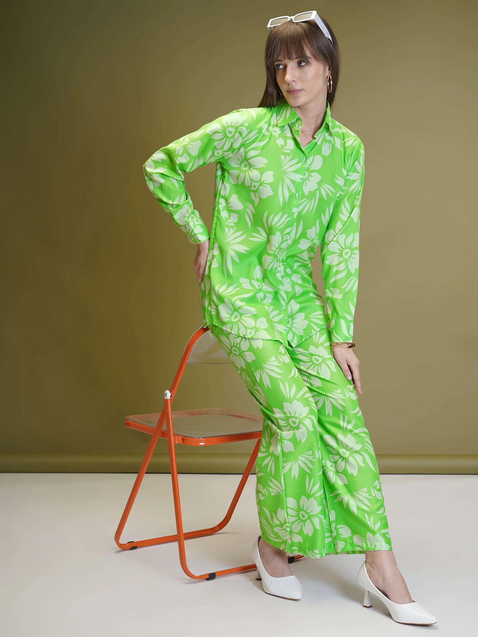 Neon Green Floral Co-ord Set For Women - Rheycart