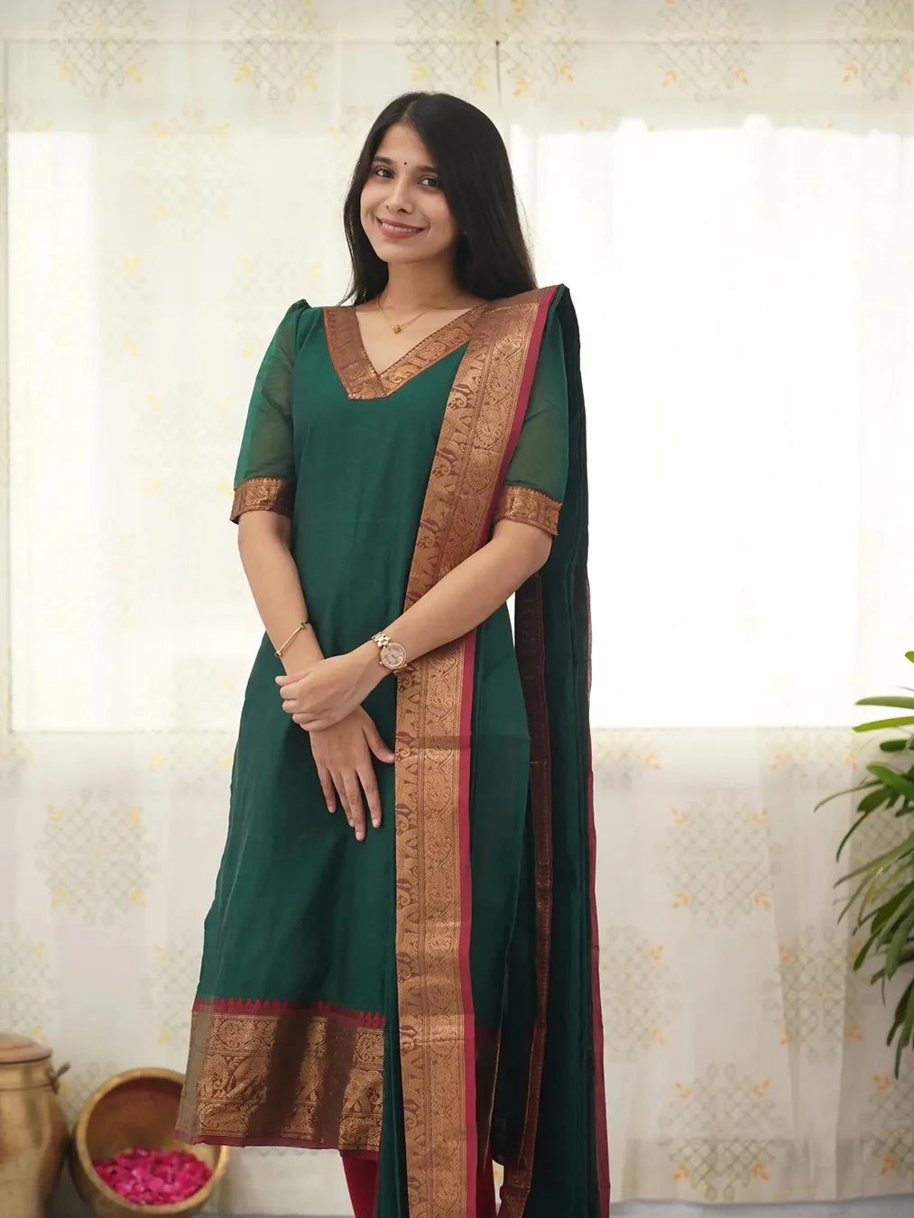 Green Kanchi Cotton V Neck Kurti And Dupatta - Rheycart