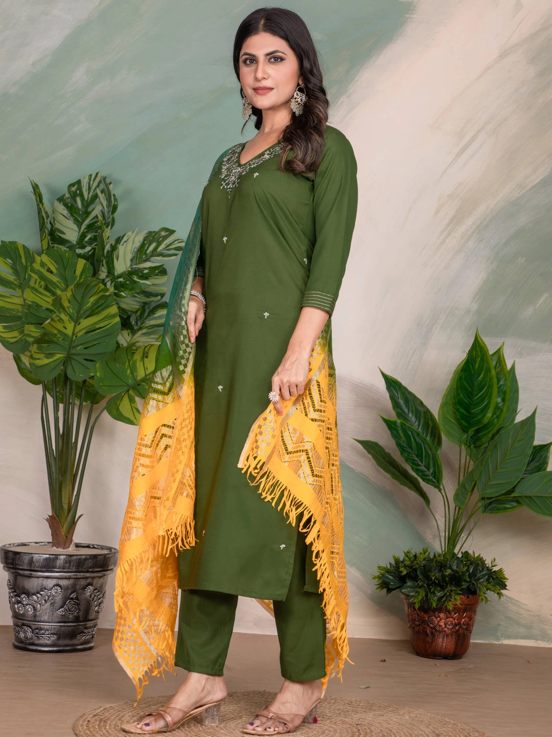 Mehendi Color Embroidery Work Straight Kurti Set - Rheycart