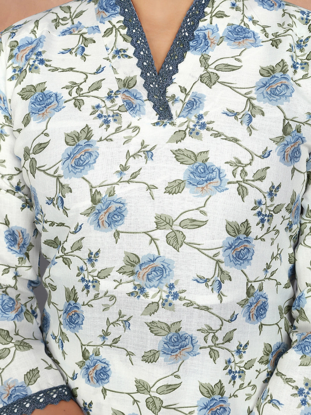 Blue Floral Design Cotton Blend Kurta Set - Rheycart