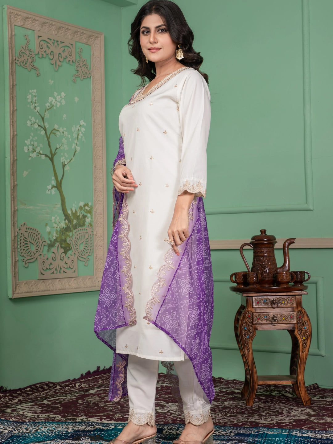 Roman Silk Embroidered V Neckline Kurta Set - Rheycart