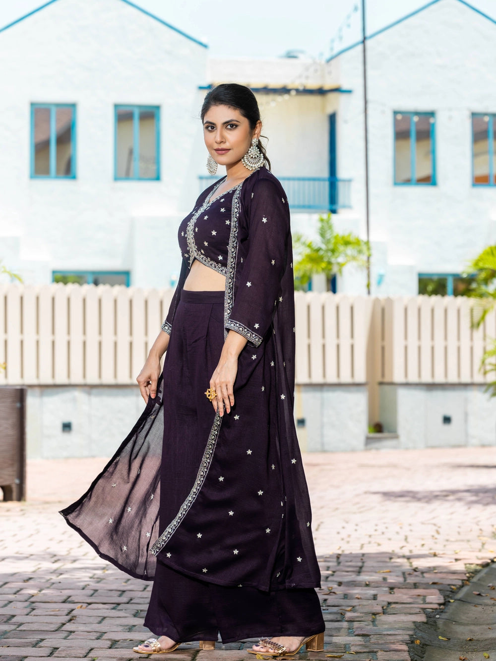 Violet Vichitra Silk Top Bottom With Shrug - Rheycart