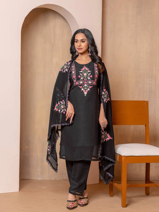 Faux Georgette Embroidery work Black Kurti Set - Rheycart