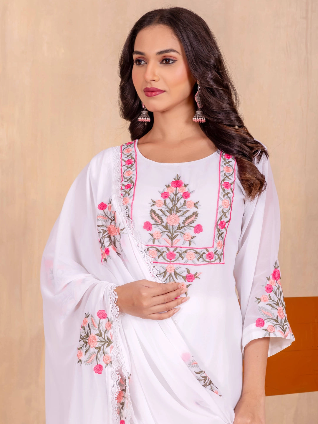 White Faux Georgette Embroidery work Kurti Set - Rheycart