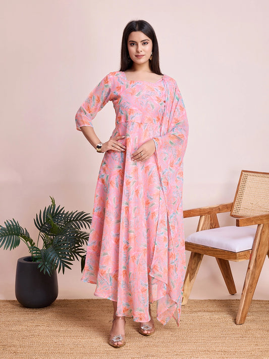 Peach Pastel Print Maxi Dress with Flowy Dupatta - Rheycart