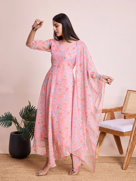 Peach Pastel Print Maxi Dress with Flowy Dupatta - Rheycart