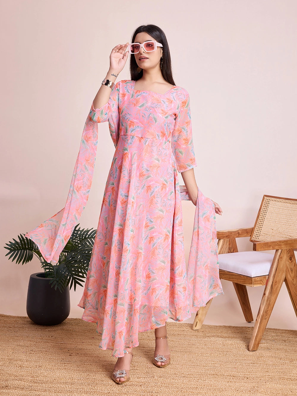 Peach Pastel Print Maxi Dress with Flowy Dupatta - Rheycart