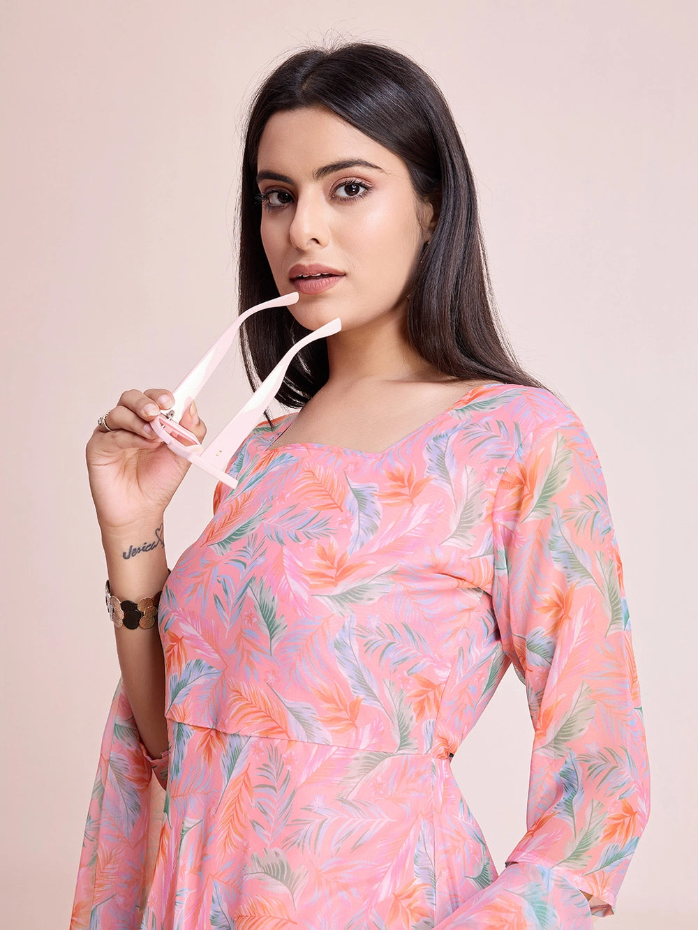 Peach Pastel Print Maxi Dress with Flowy Dupatta - Rheycart