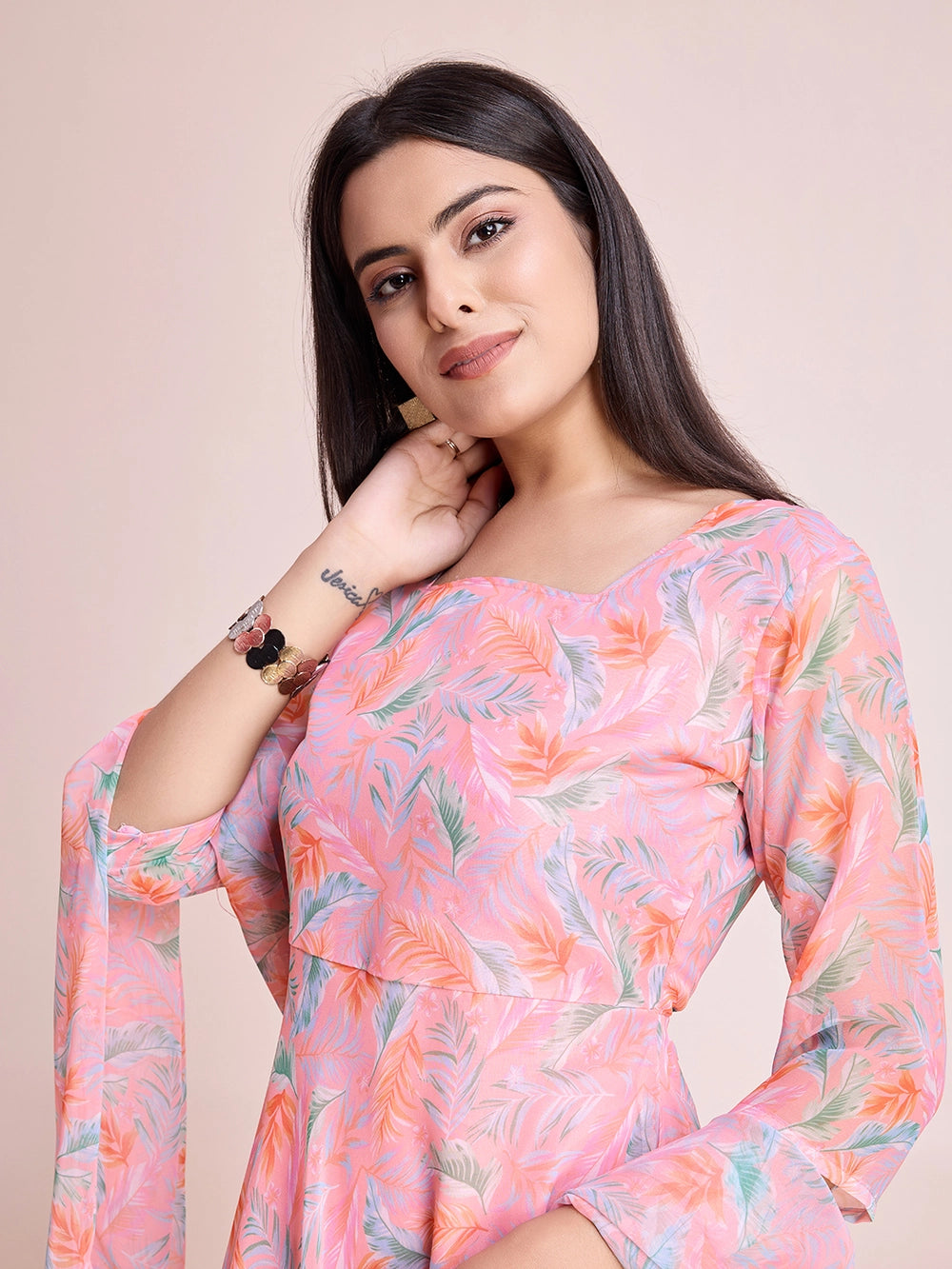 Peach Pastel Print Maxi Dress with Flowy Dupatta - Rheycart